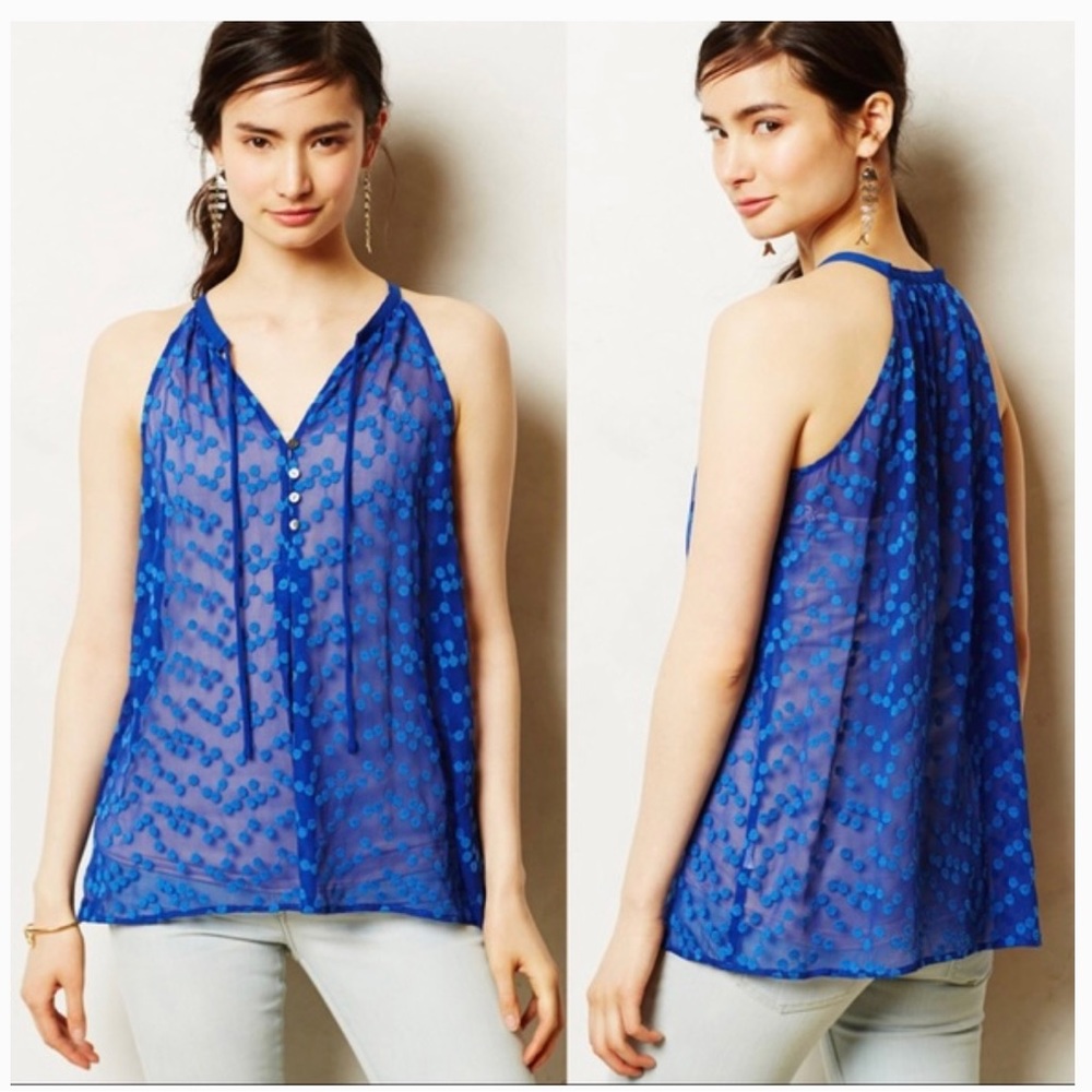 Anthro Zoa New York Dotted Silk Tank blue sz Nwt sz small